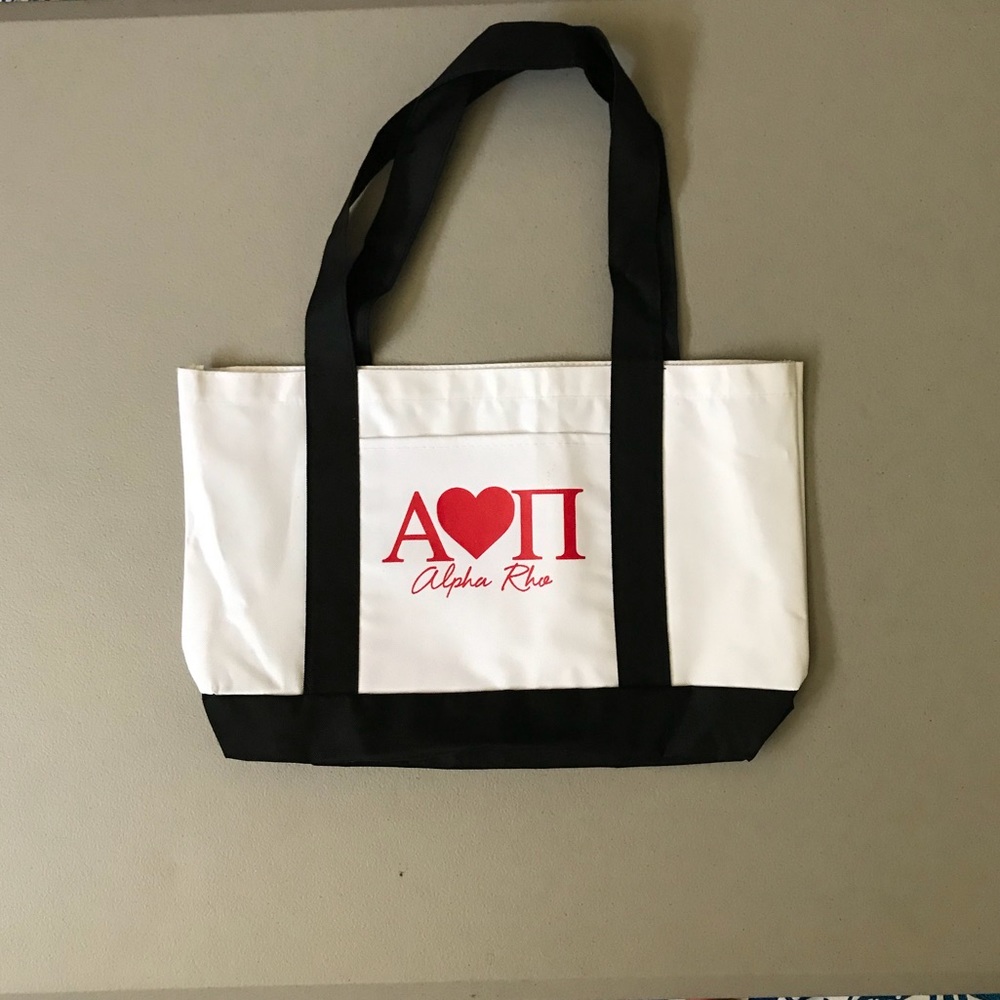 Sorority tote bag. Red lettering.